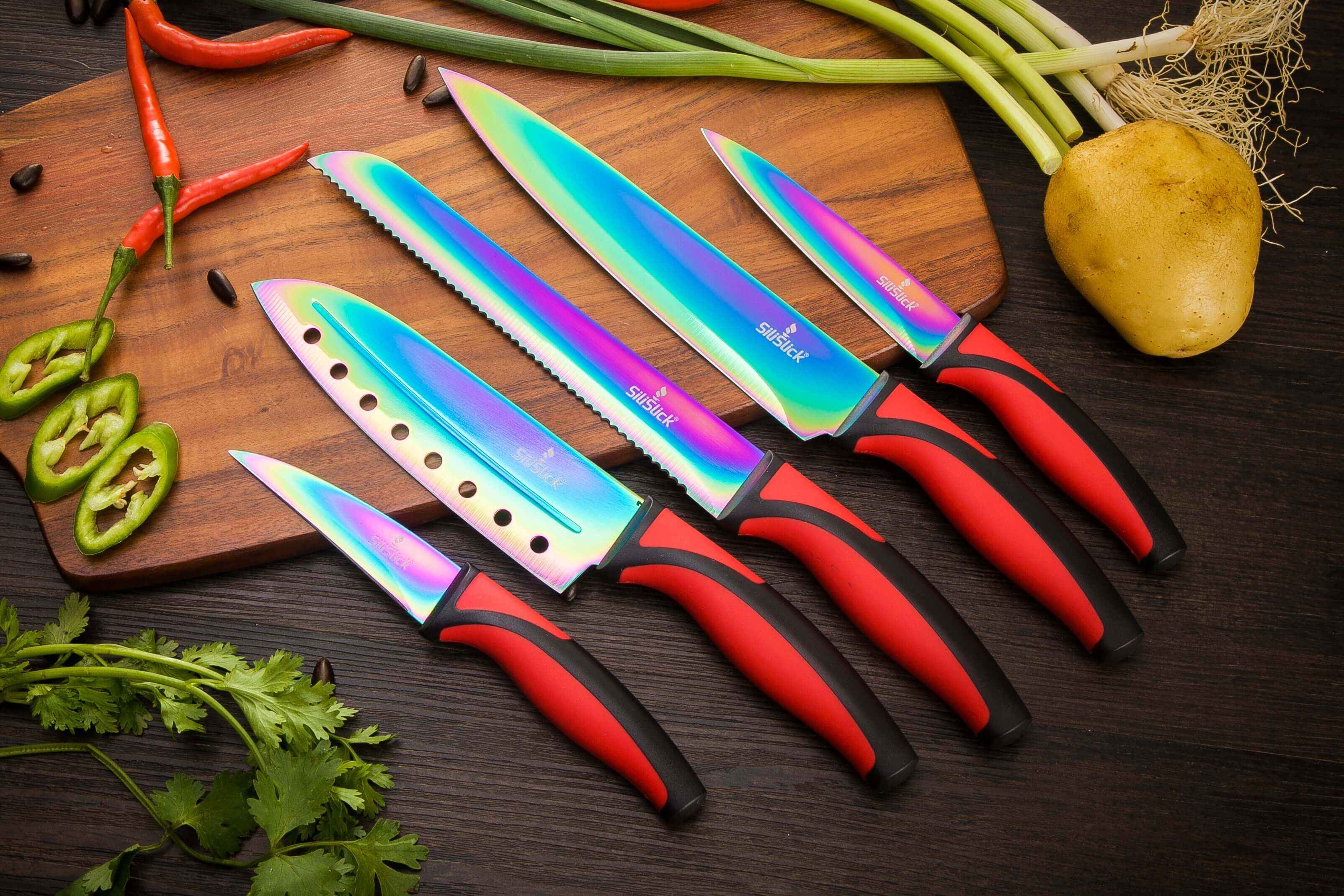 Kitchen Knife Set Kit | Red Handle & Black Magnetic Rack | Razor sharp