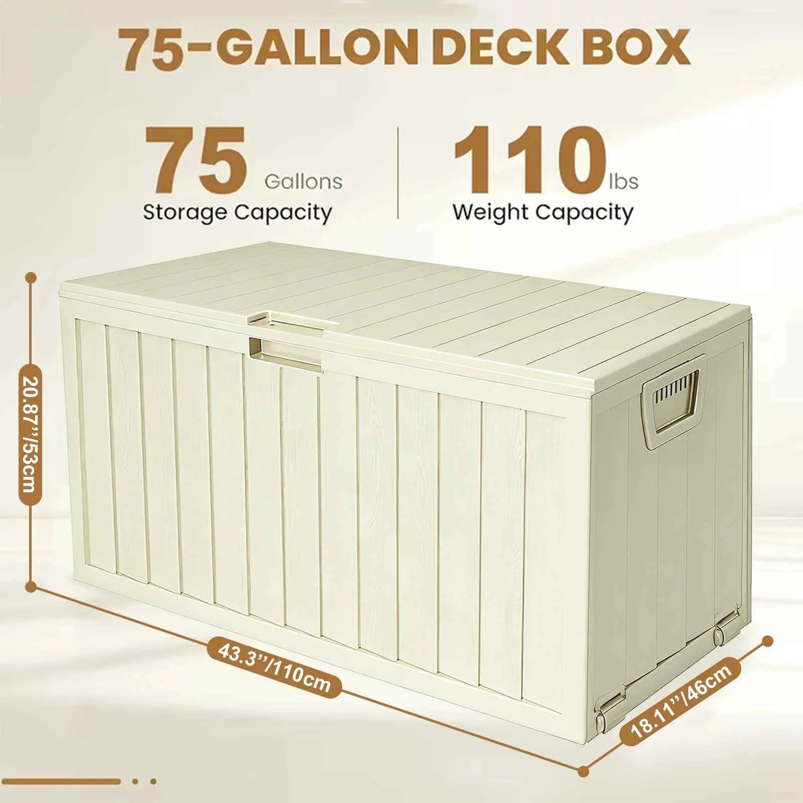 75 Gallon Waterproof Outdoor Storage Box with Bottom Pulleys for Patio Furniture – Durable Resin Deck Box