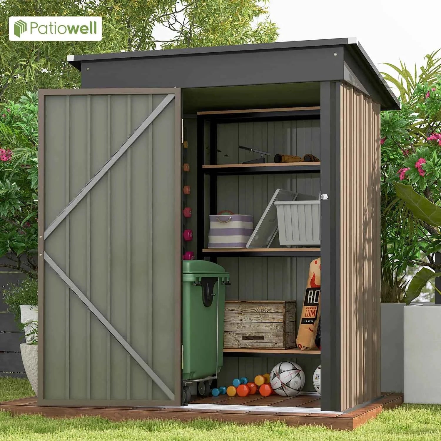 Patiowell 5x3 FT Metal Outdoor Storage Shed Lockable Sloping Roof Garden Tool Shed for Backyard Lawn Patio Eco-Friendly Waterproof