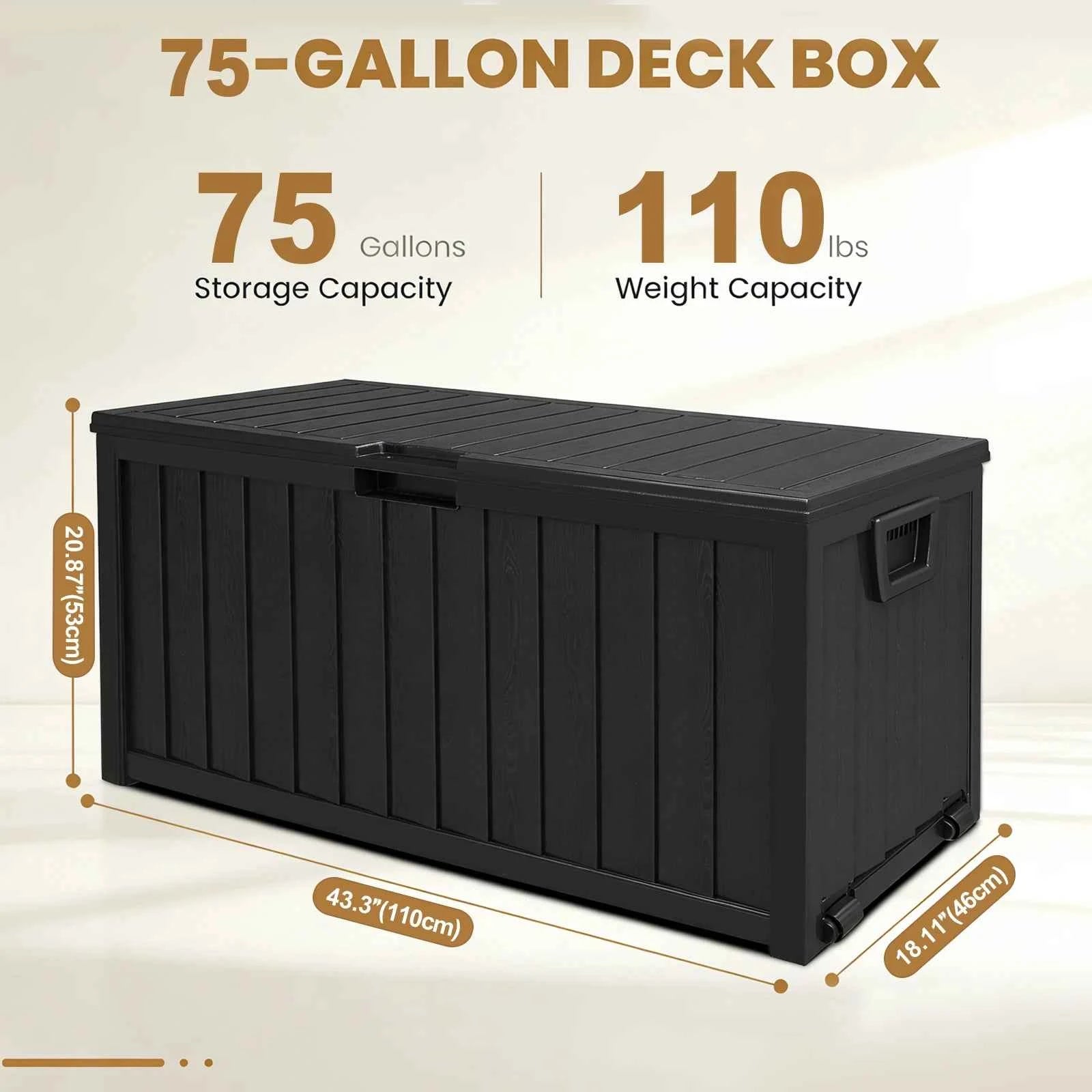 75 Gallon Waterproof Outdoor Storage Box with Bottom Pulleys for Patio Furniture – Durable Resin Deck Box