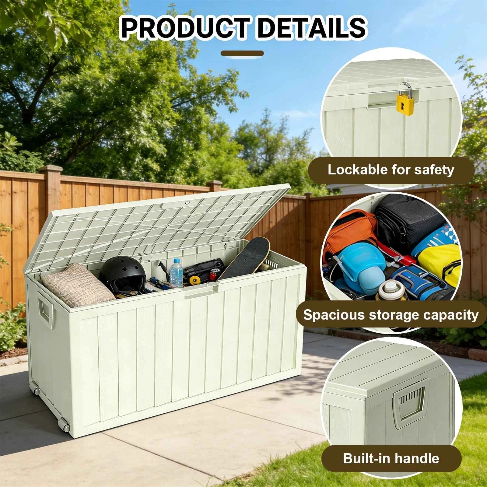 75 Gallon Waterproof Outdoor Storage Box with Bottom Pulleys for Patio Furniture – Durable Resin Deck Box