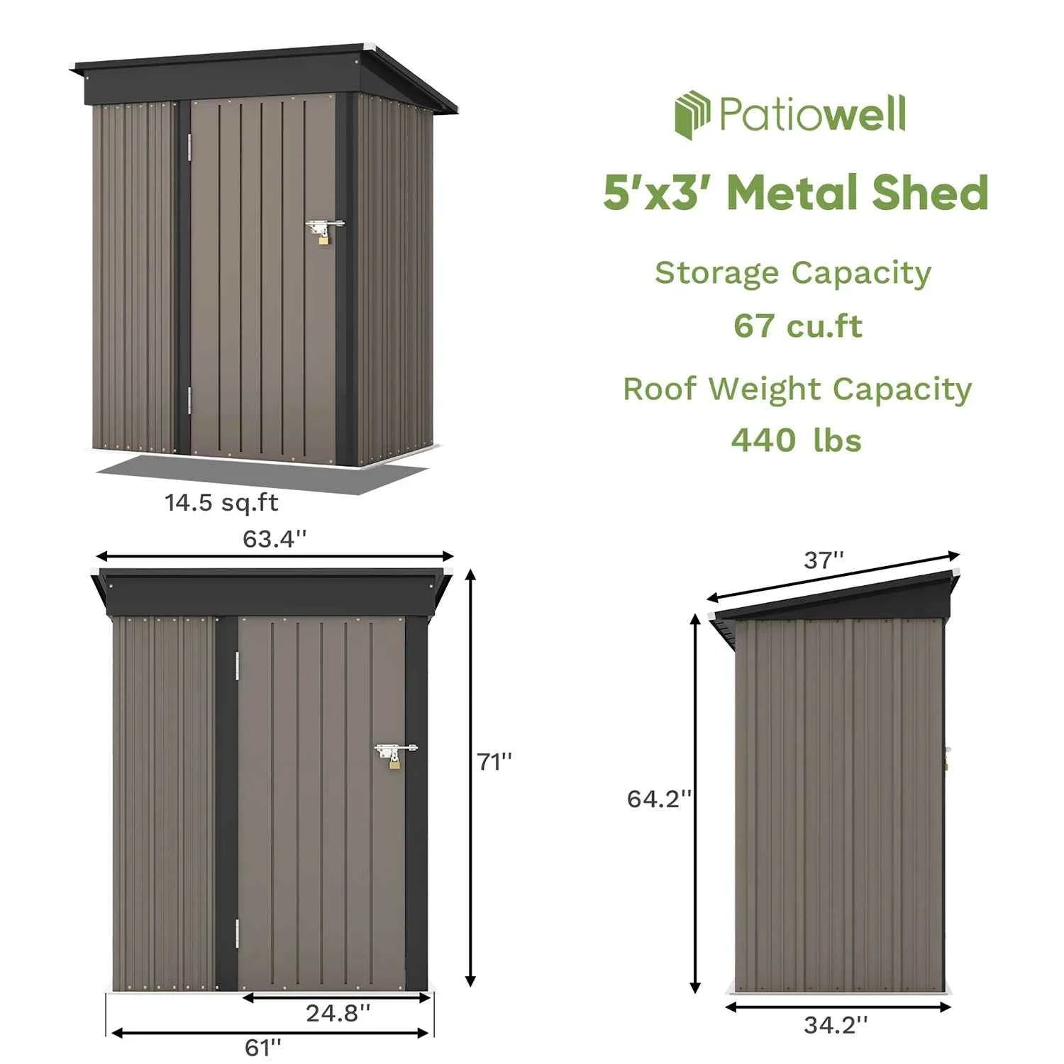 Patiowell 5x3 FT Metal Outdoor Storage Shed Lockable Sloping Roof Garden Tool Shed for Backyard Lawn Patio Eco-Friendly Waterproof