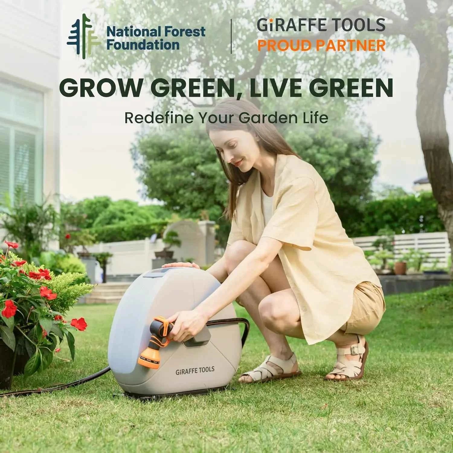 Giraffe Tools Retractable Hose Reel 1/2 Inch x 82FT,Heavy Duty Ground Mount Garden Hose Reel, Automatic Rewind, Any Length Lock
