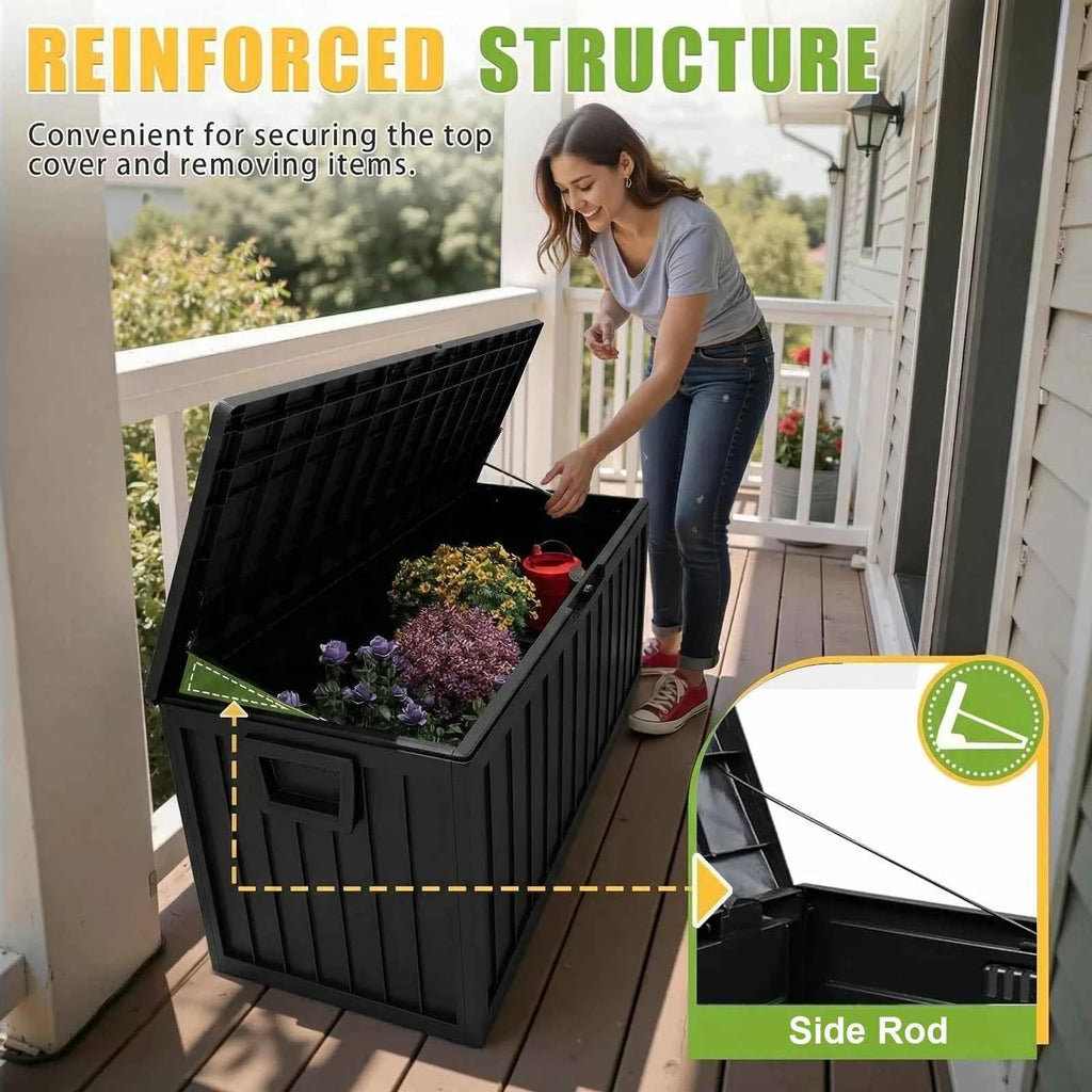 75 Gallon Waterproof Outdoor Storage Box with Bottom Pulleys for Patio Furniture – Durable Resin Deck Box