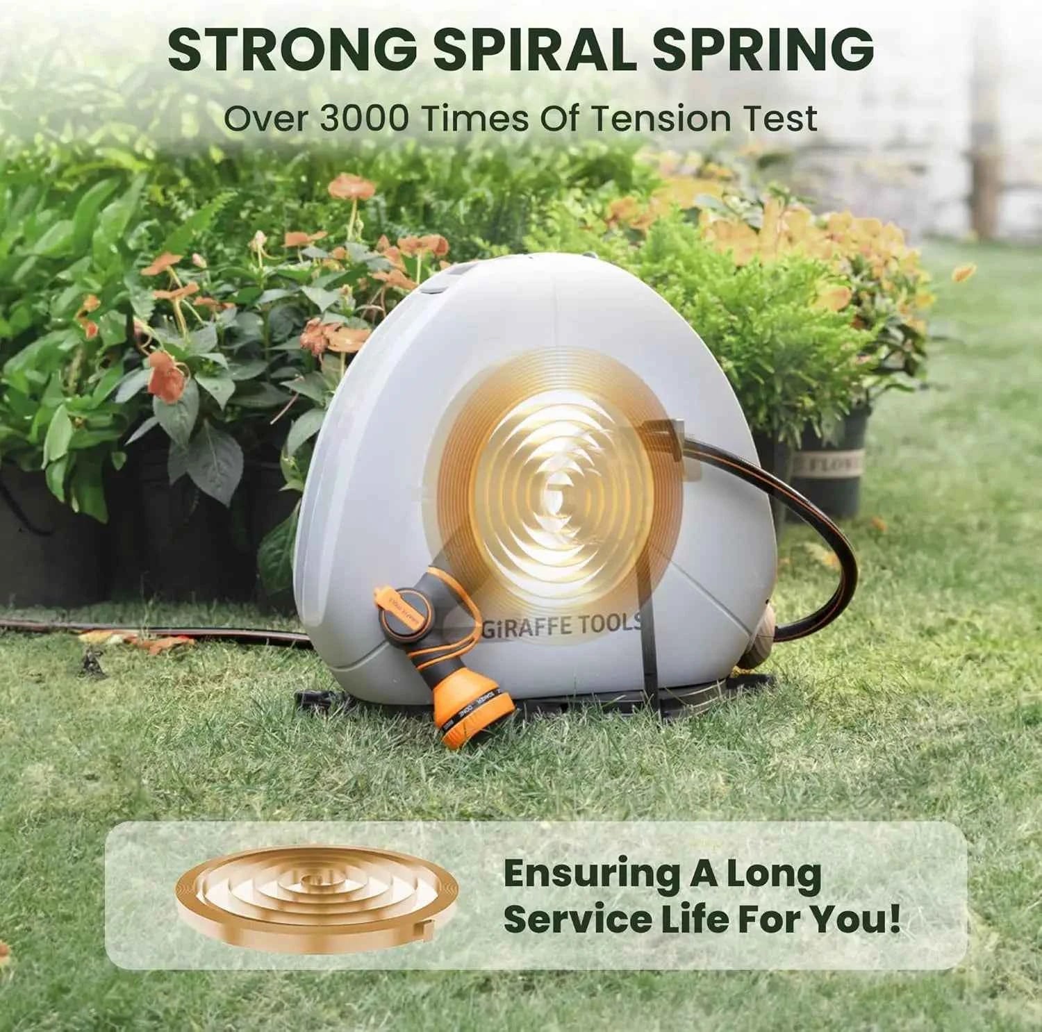 Giraffe Tools Retractable Hose Reel 1/2 Inch x 82FT,Heavy Duty Ground Mount Garden Hose Reel, Automatic Rewind, Any Length Lock