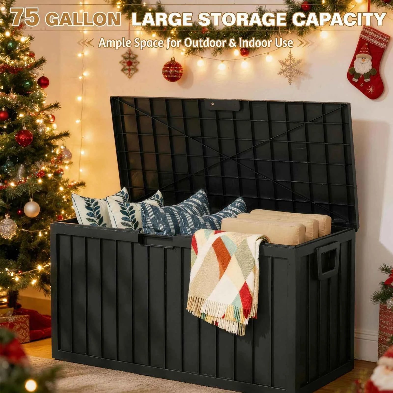 75 Gallon Waterproof Outdoor Storage Box with Bottom Pulleys for Patio Furniture – Durable Resin Deck Box