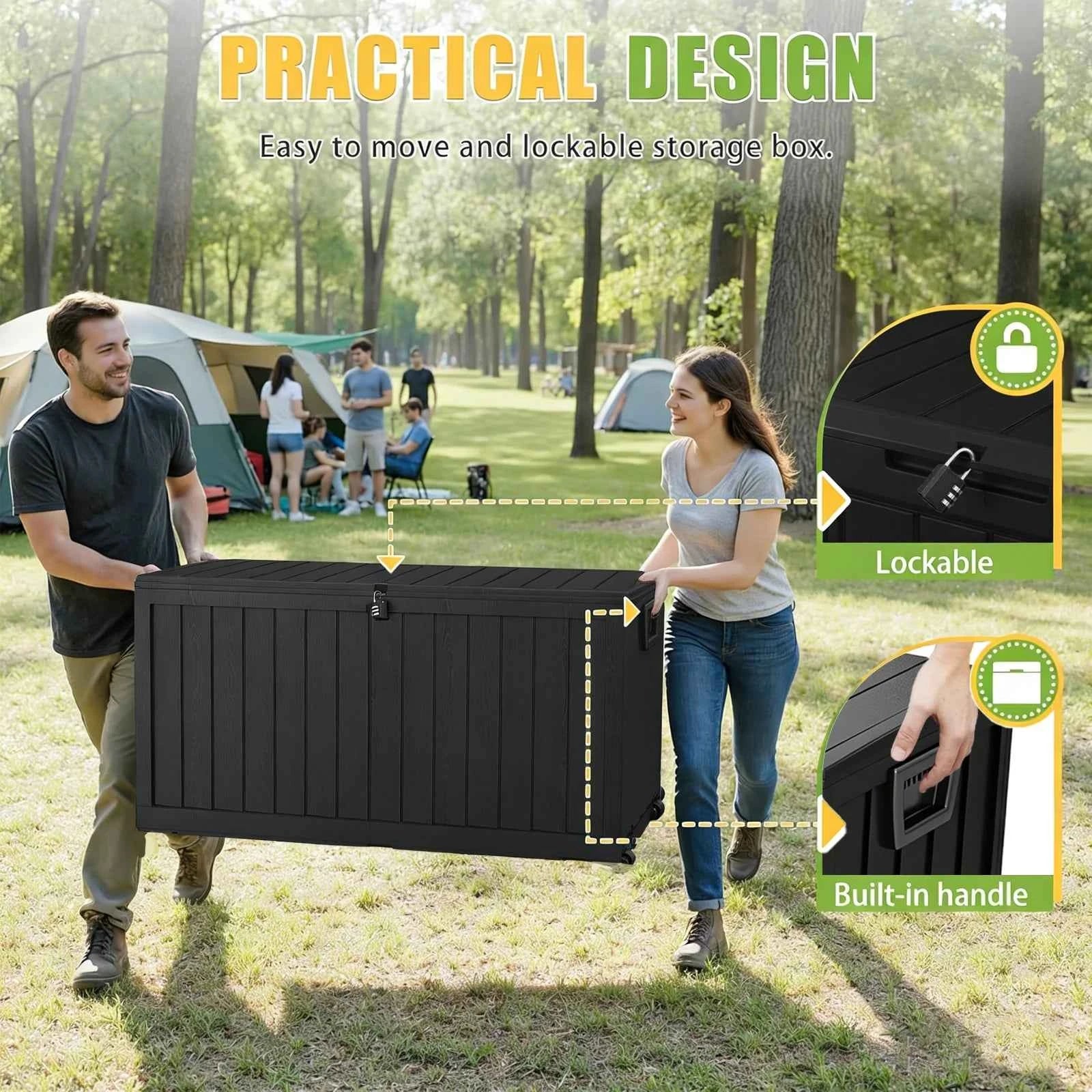 75 Gallon Waterproof Outdoor Storage Box with Bottom Pulleys for Patio Furniture – Durable Resin Deck Box