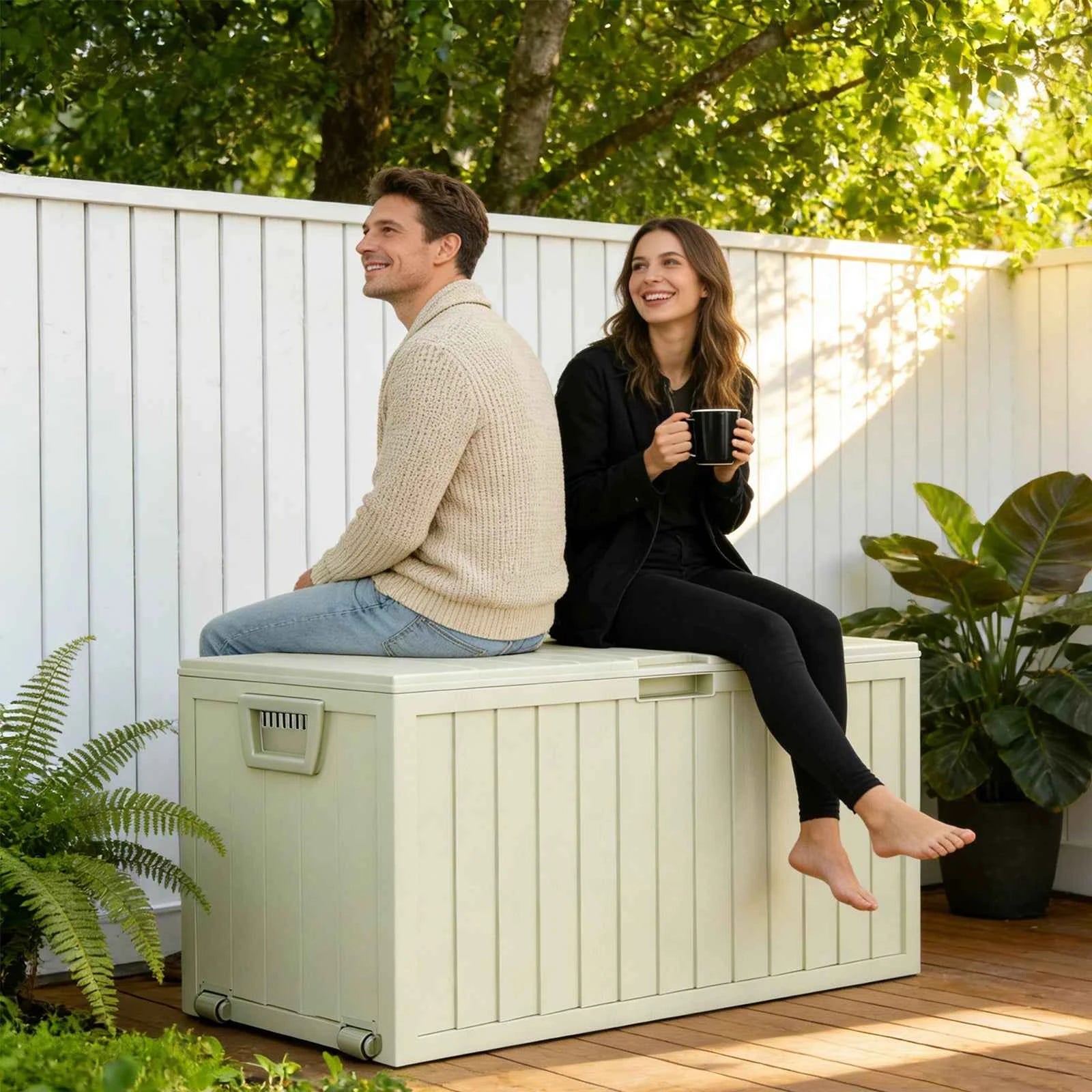 75 Gallon Waterproof Outdoor Storage Box with Bottom Pulleys for Patio Furniture – Durable Resin Deck Box
