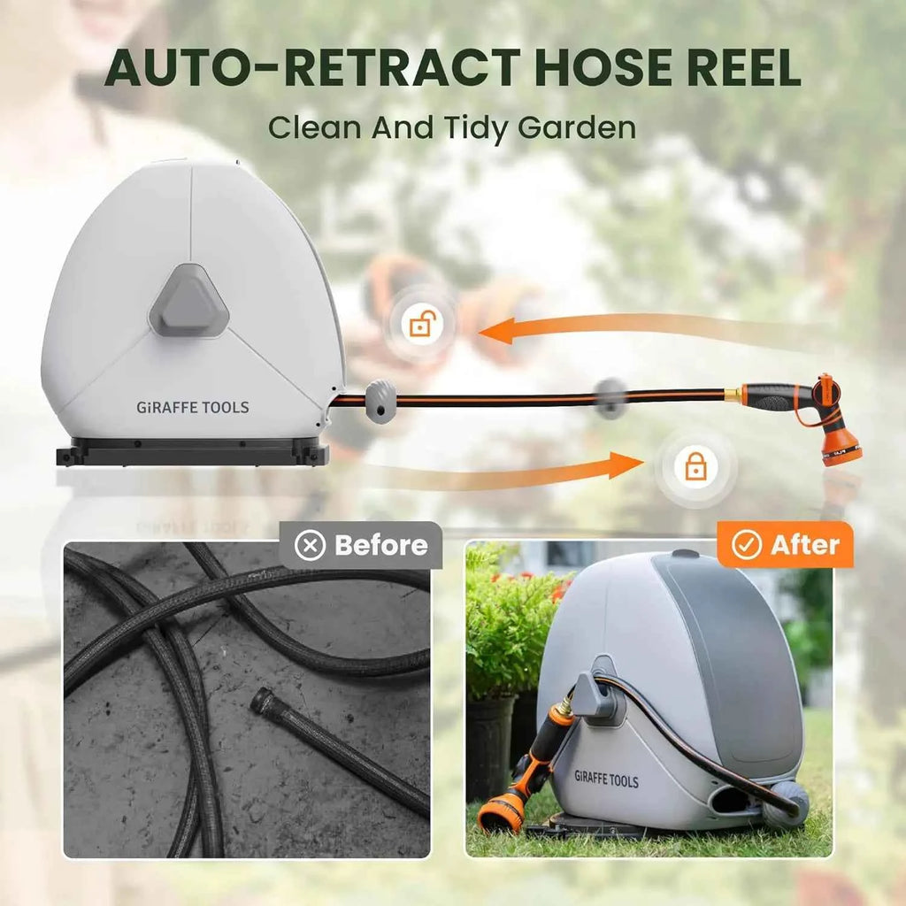 Giraffe Tools Retractable Hose Reel 1/2 Inch x 82FT,Heavy Duty Ground Mount Garden Hose Reel, Automatic Rewind, Any Length Lock