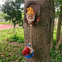 2pcs Whimsical Gnome Climbing Statues for Trees - Outdoor Garden & Patio Wall Decor, Resin, Whimsical Garden Decor