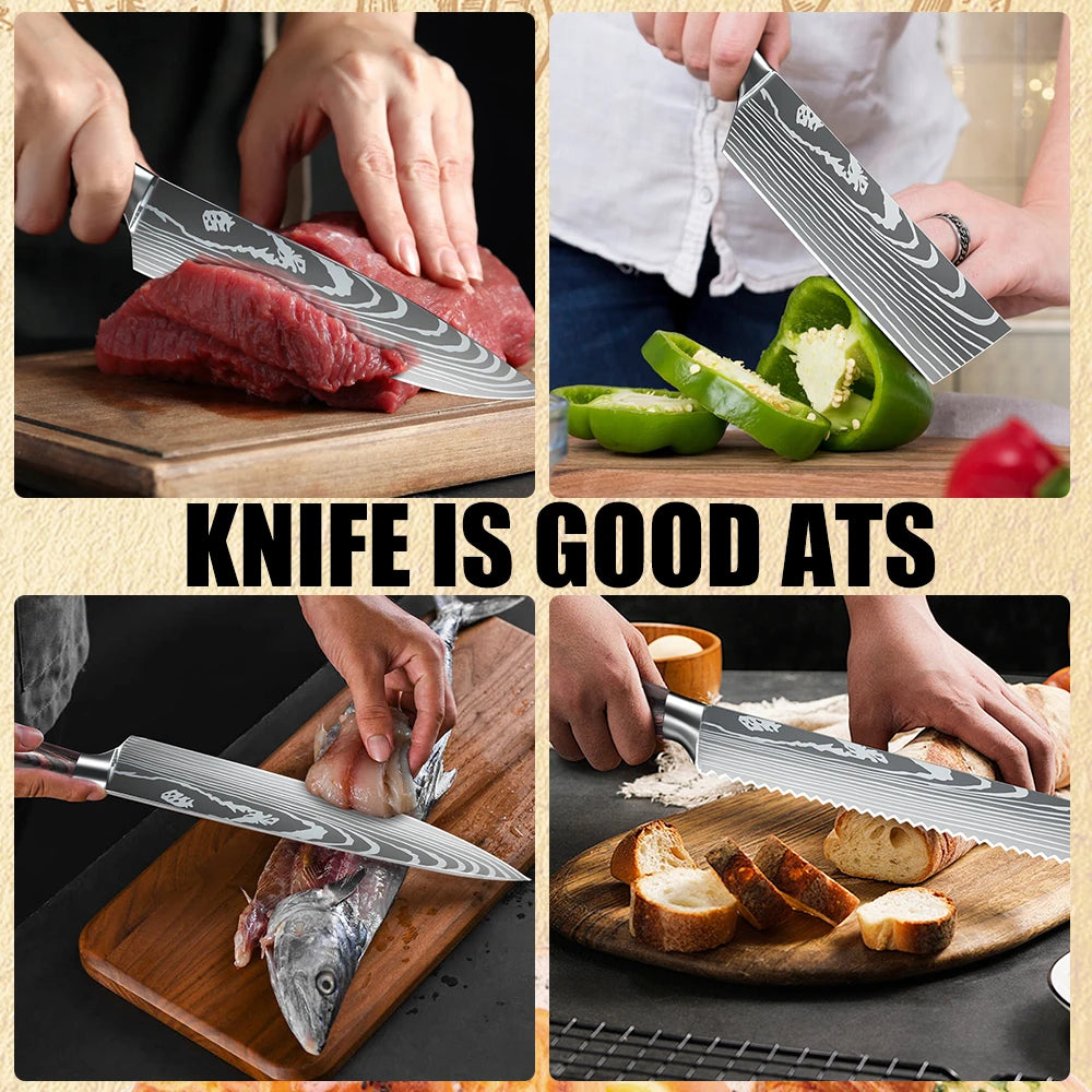 Stainless Steel Kitchen Knife Set - 9 Types Including Japanese Chef Knife, Meat Cleaver, Santoku, Bread, Boning, Slicing, and Fruit Knife with Gift Box