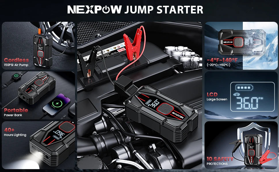 NEXPOW Car Jump Starter 3000A with Air Compressor - 12V 59.2Wh Portable Battery Booster & 150PSI Air Pump