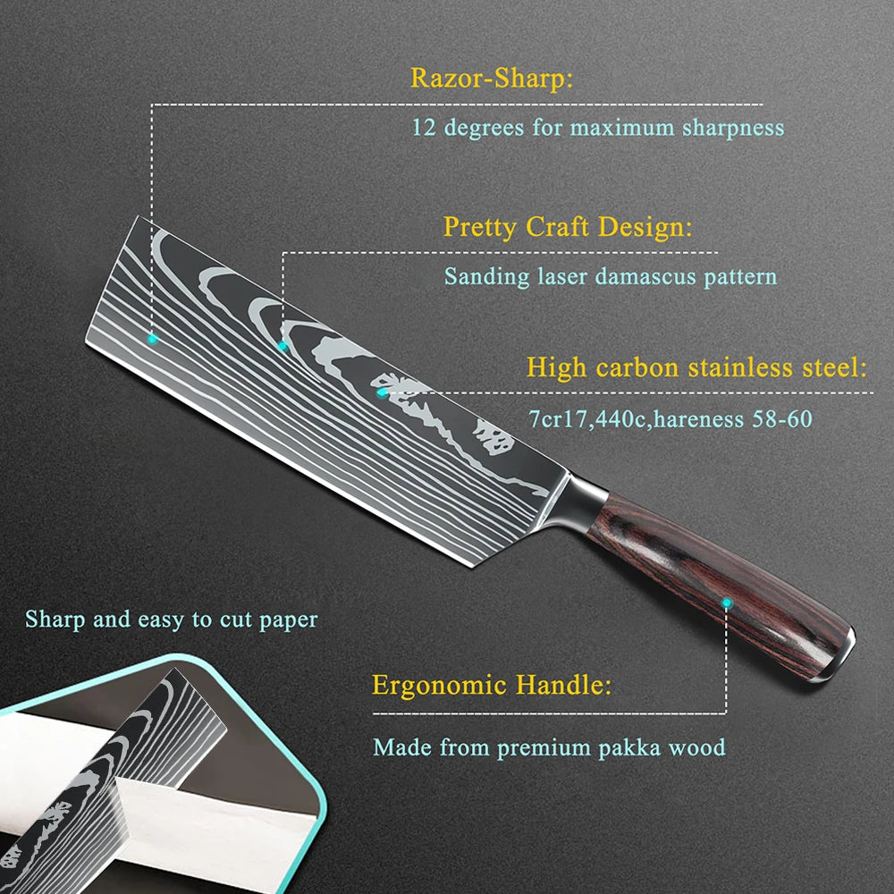 Stainless Steel Kitchen Knife Set - 9 Types Including Japanese Chef Knife, Meat Cleaver, Santoku, Bread, Boning, Slicing, and Fruit Knife with Gift Box
