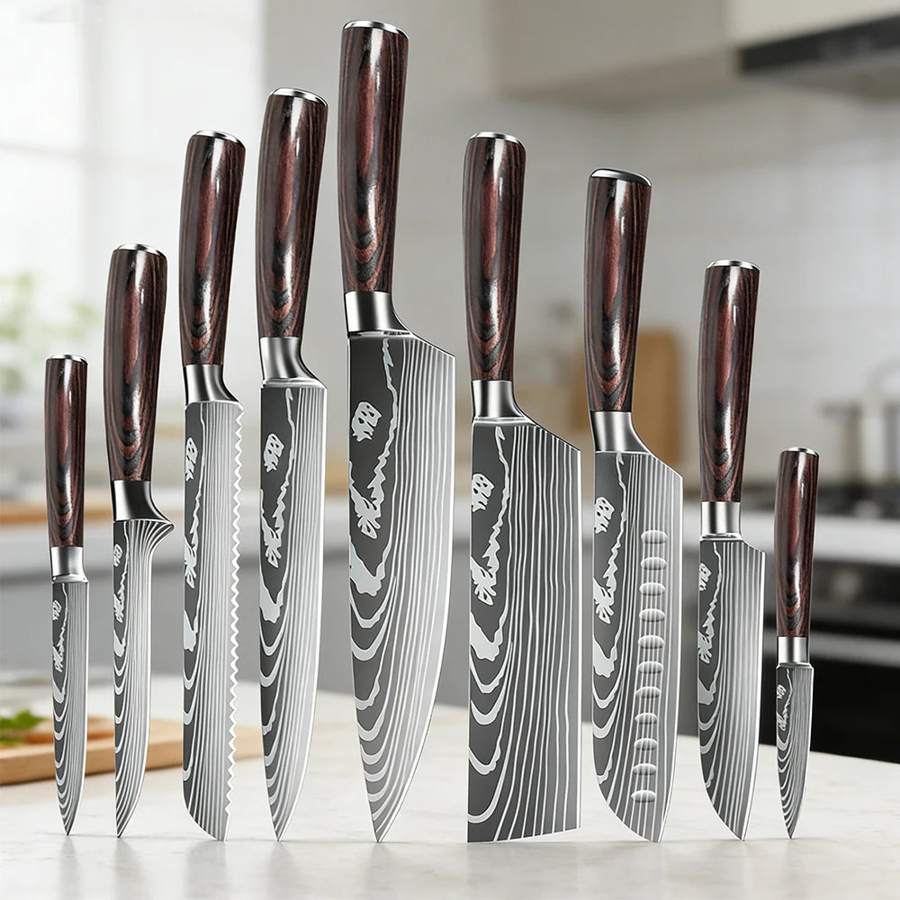 Stainless Steel Kitchen Knife Set - 9 Types Including Japanese Chef Knife, Meat Cleaver, Santoku, Bread, Boning, Slicing, and Fruit Knife with Gift Box