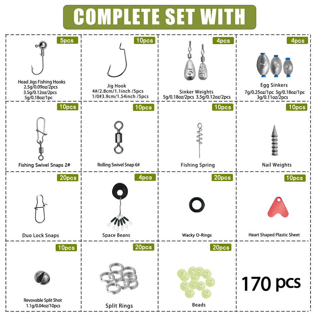 170-410pcs Professional Fishing Kit with Tackle Box, Hooks Sinkers Swivels for Bass Trout Saltwater Fishing Complete Lure Set
