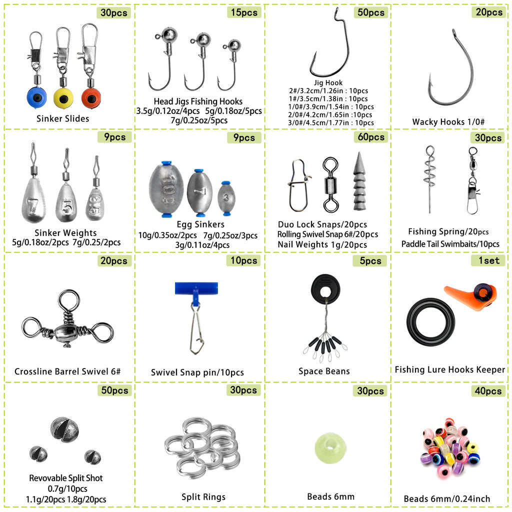 170-410pcs Professional Fishing Kit with Tackle Box, Hooks Sinkers Swivels for Bass Trout Saltwater Fishing Complete Lure Set