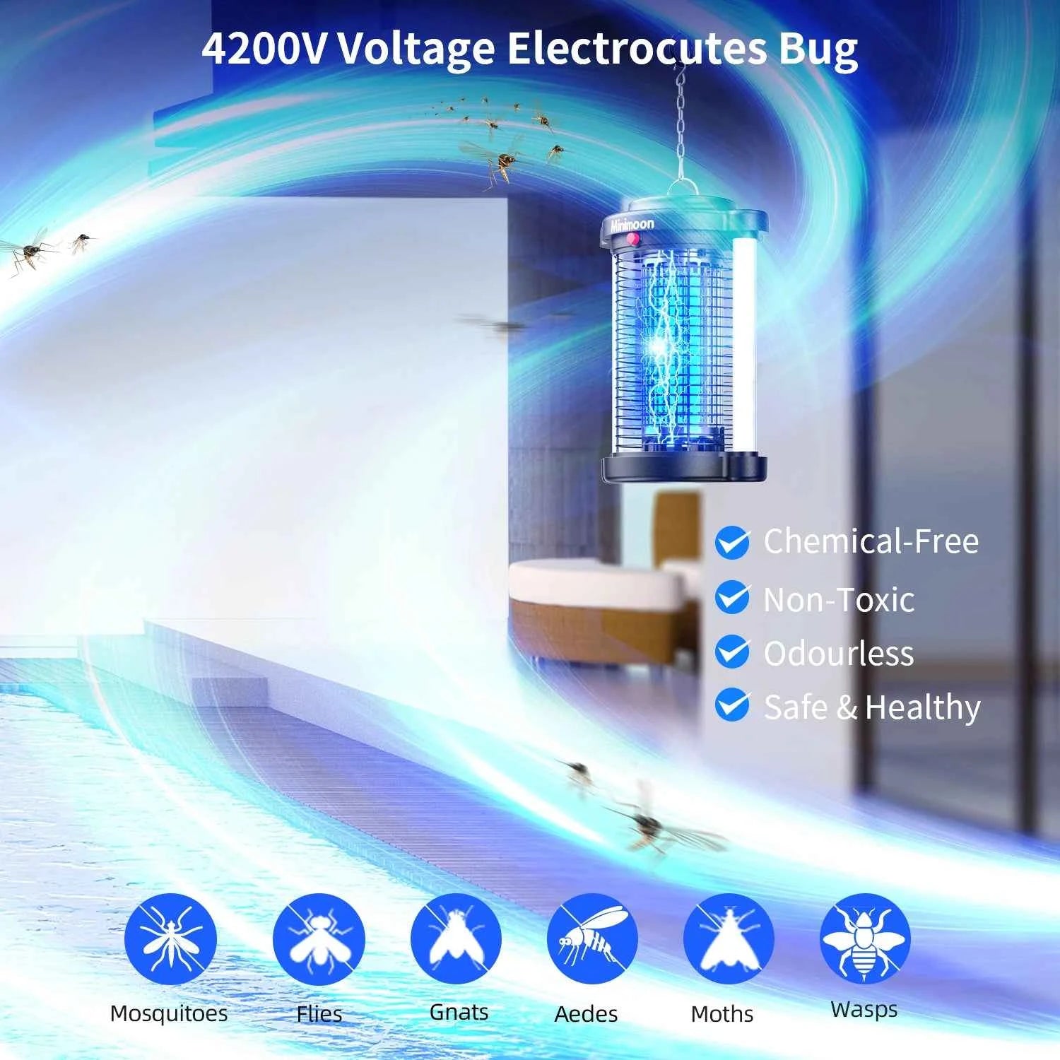 Bug Zapper Outdoor Mosquito Zapper with LED Light 4200V Fly Zapper 15W Electric Fly Traps Outdoor Insect Trap for Yard Backyard
