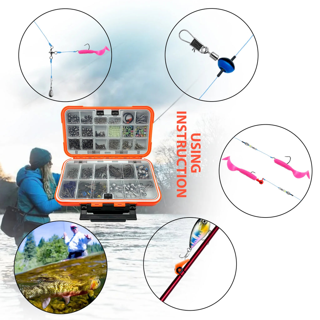 170-410pcs Professional Fishing Kit with Tackle Box, Hooks Sinkers Swivels for Bass Trout Saltwater Fishing Complete Lure Set