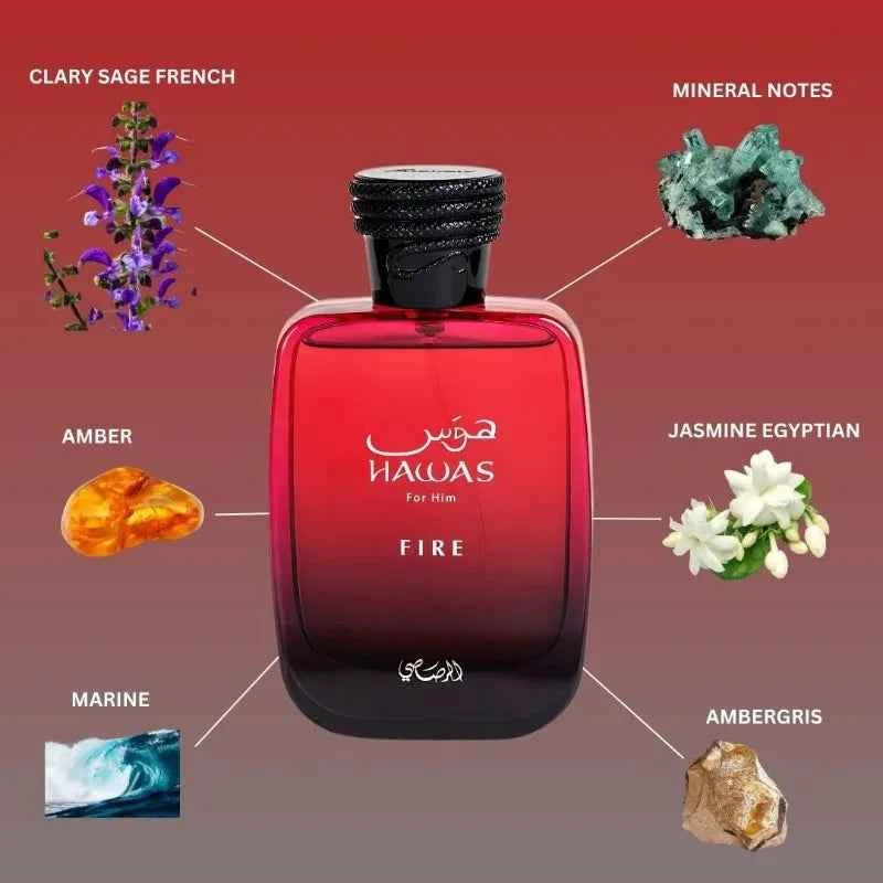Rasasi Hawas Fire Perfume 3.4oz Luxury Woody Aromatic Unisex Fragrance with Pheromones