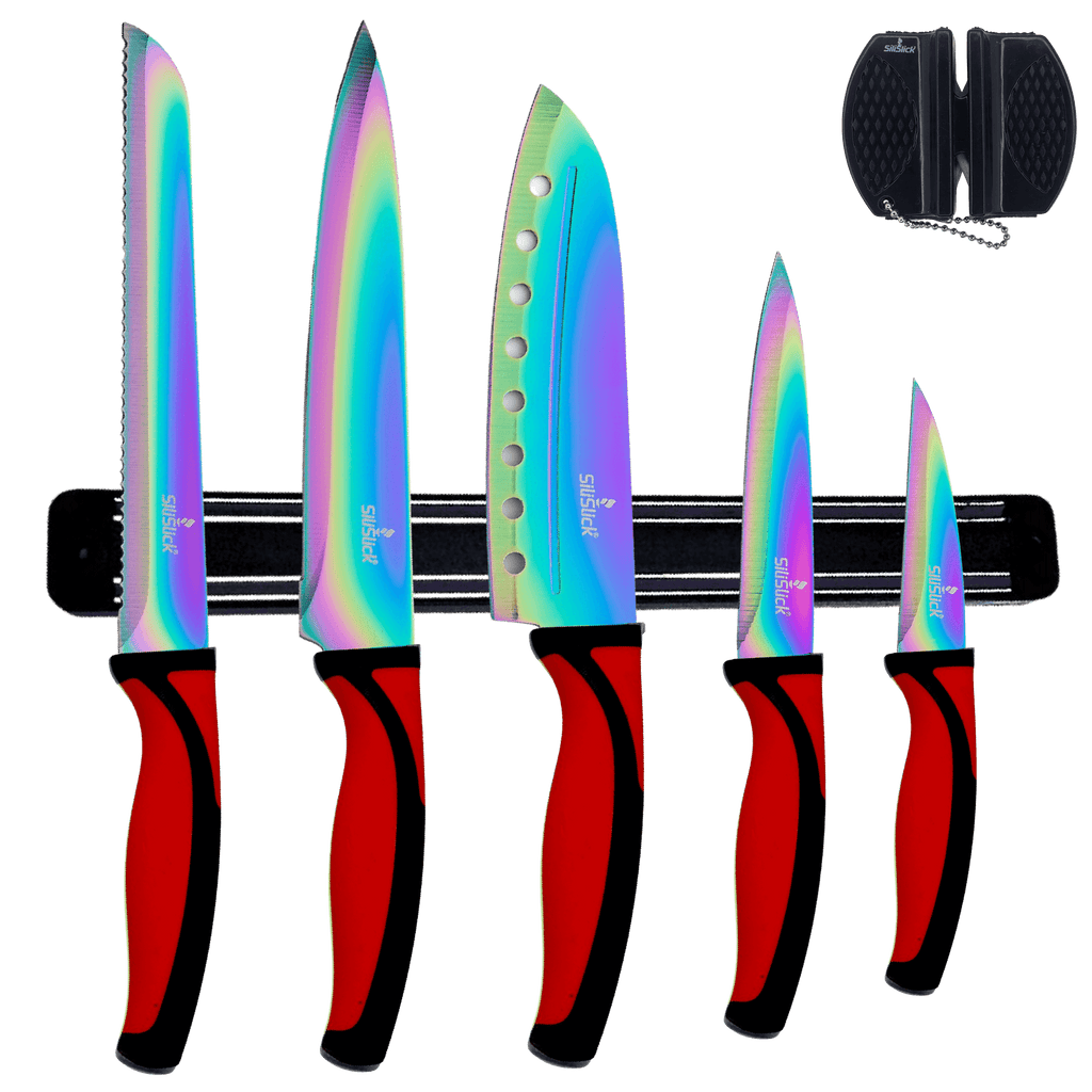 Kitchen Knife Set Kit | Red Handle & Black Magnetic Rack | Razor sharp