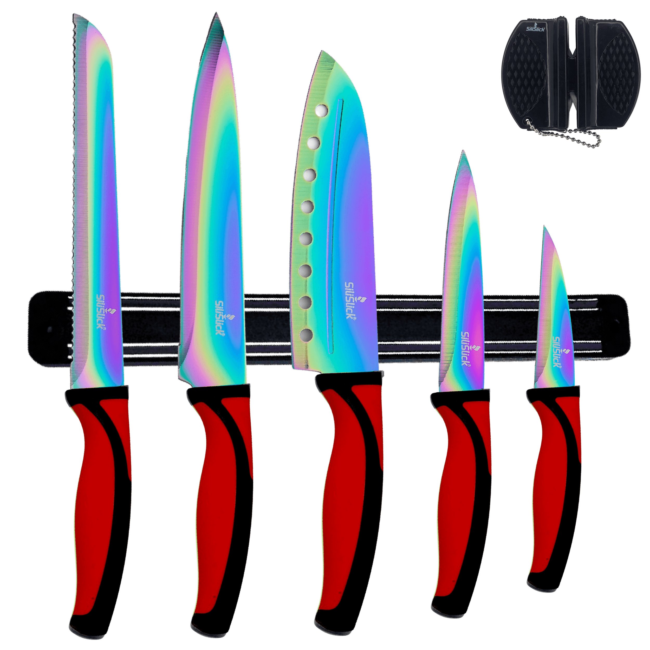 Kitchen Knife Set Kit | Red Handle & Black Magnetic Rack | Razor sharp