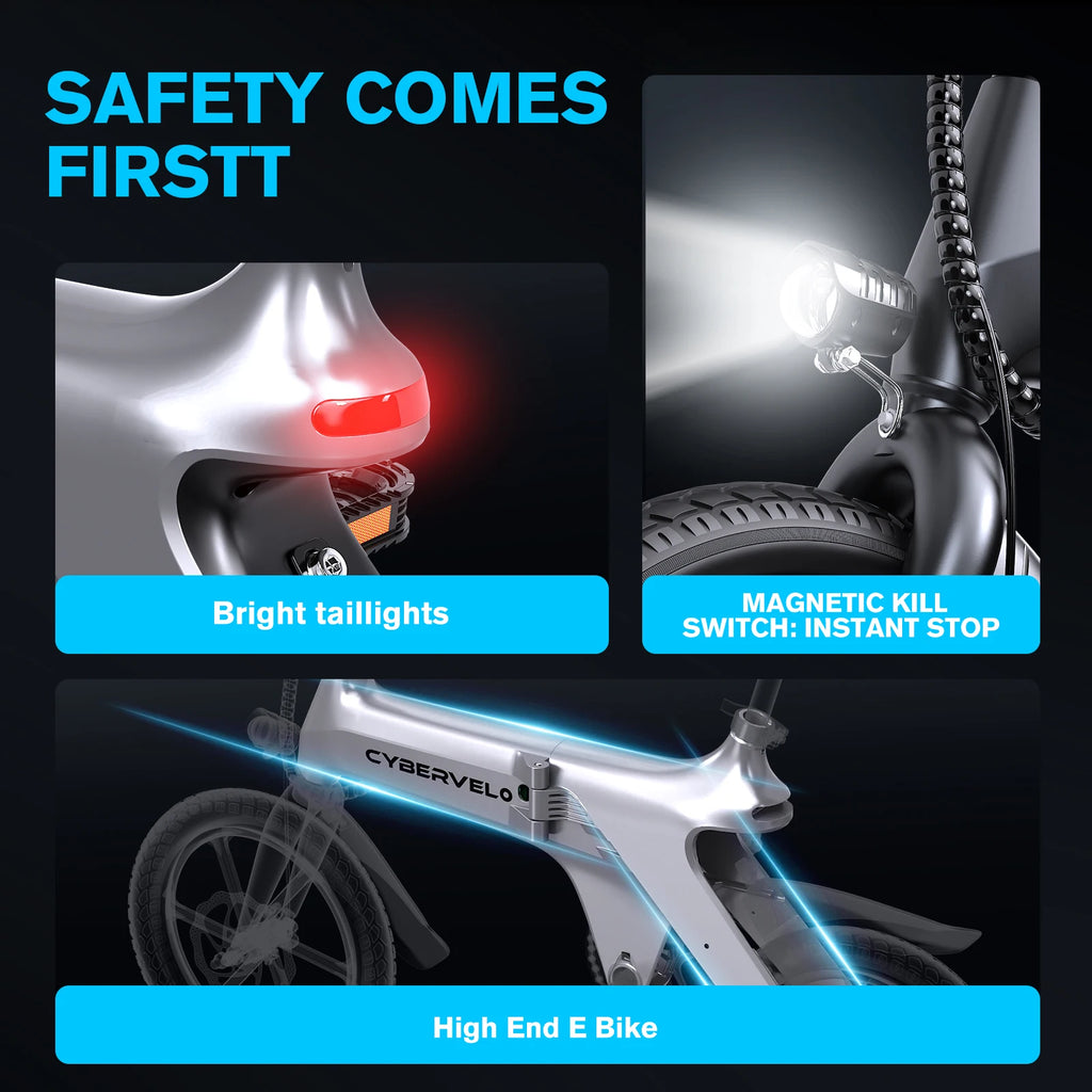 Cybervelo EK13 Adult Foldable Electric Bike 500W Peak Motor Ultra Light Long Range Commuter 20mph City Travel E-Bike