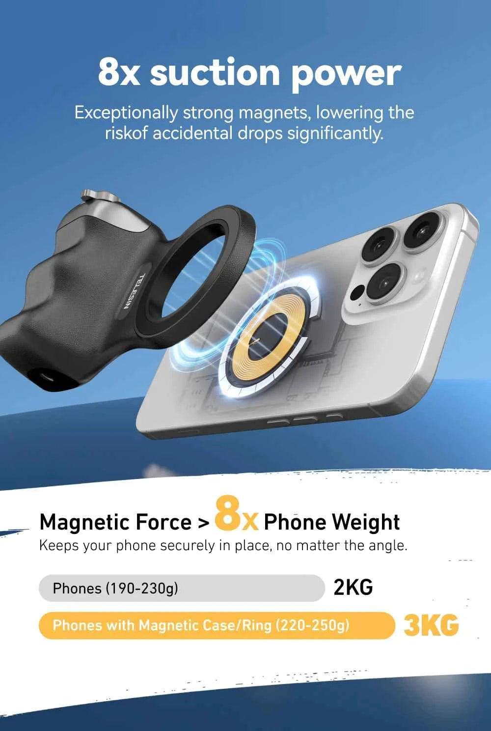 Telesin Magnetic Phone Grip - Universal Smart Phone Holder and Remote Control Handle for iPhone and Android