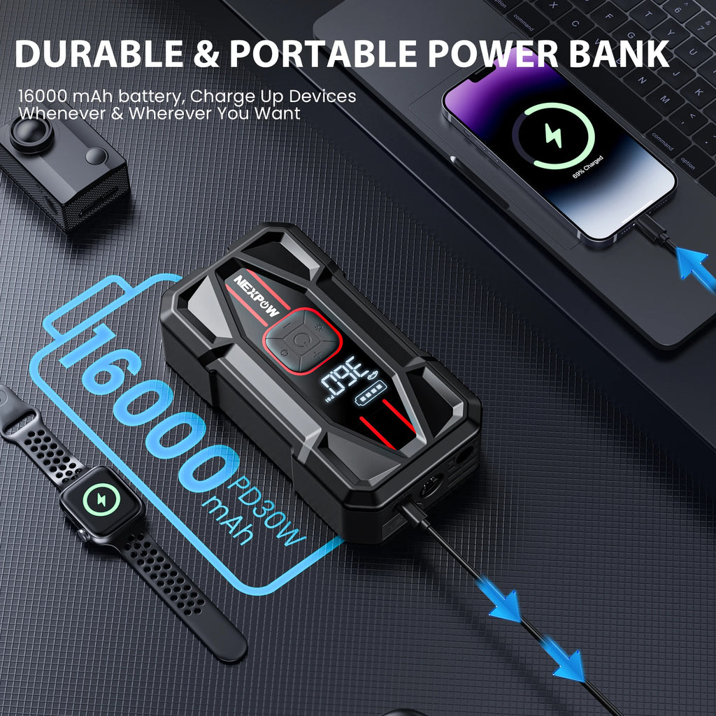 NEXPOW Car Jump Starter 3000A with Air Compressor - 12V 59.2Wh Portable Battery Booster & 150PSI Air Pump