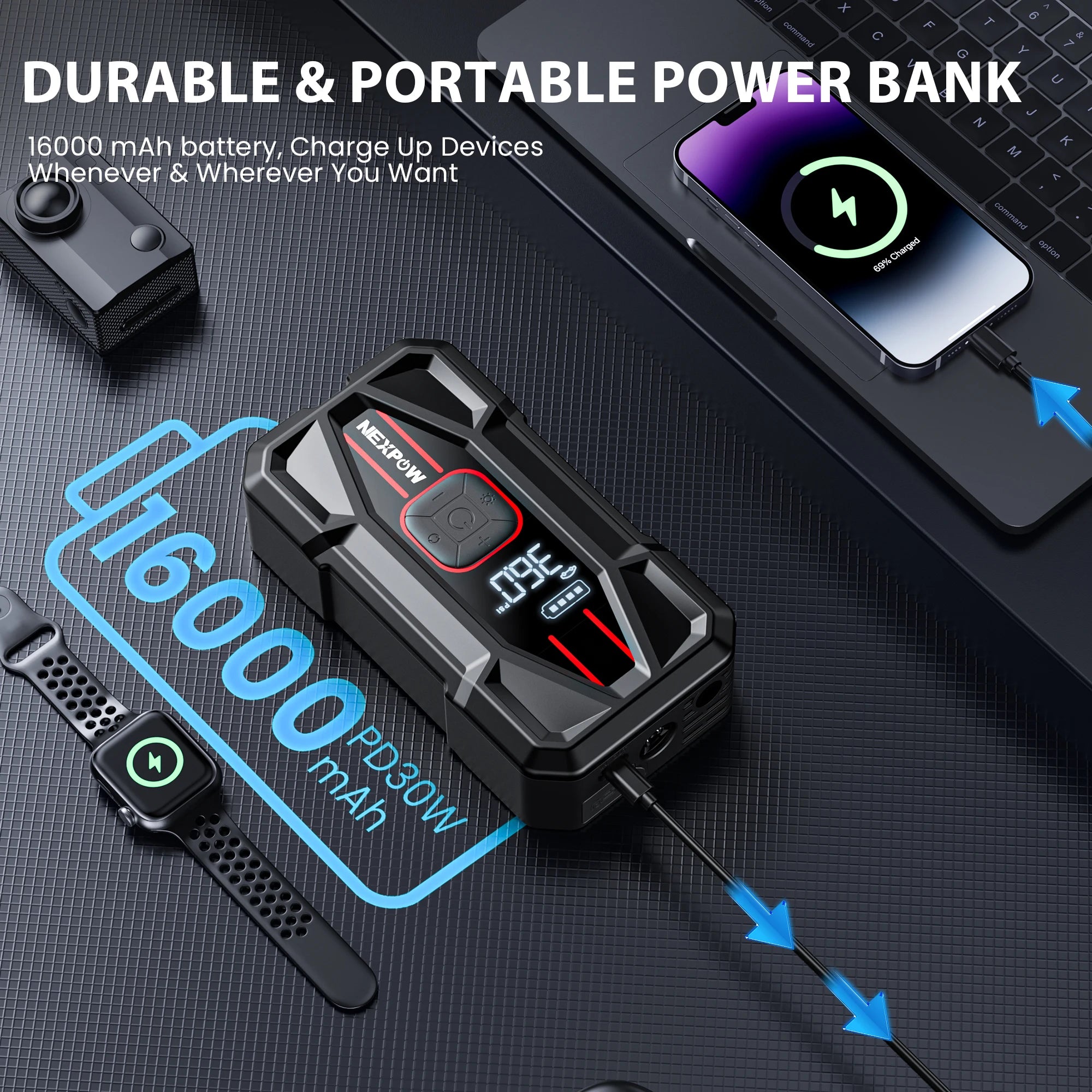 NEXPOW Car Jump Starter 3000A with Air Compressor - 12V 59.2Wh Portable Battery Booster & 150PSI Air Pump