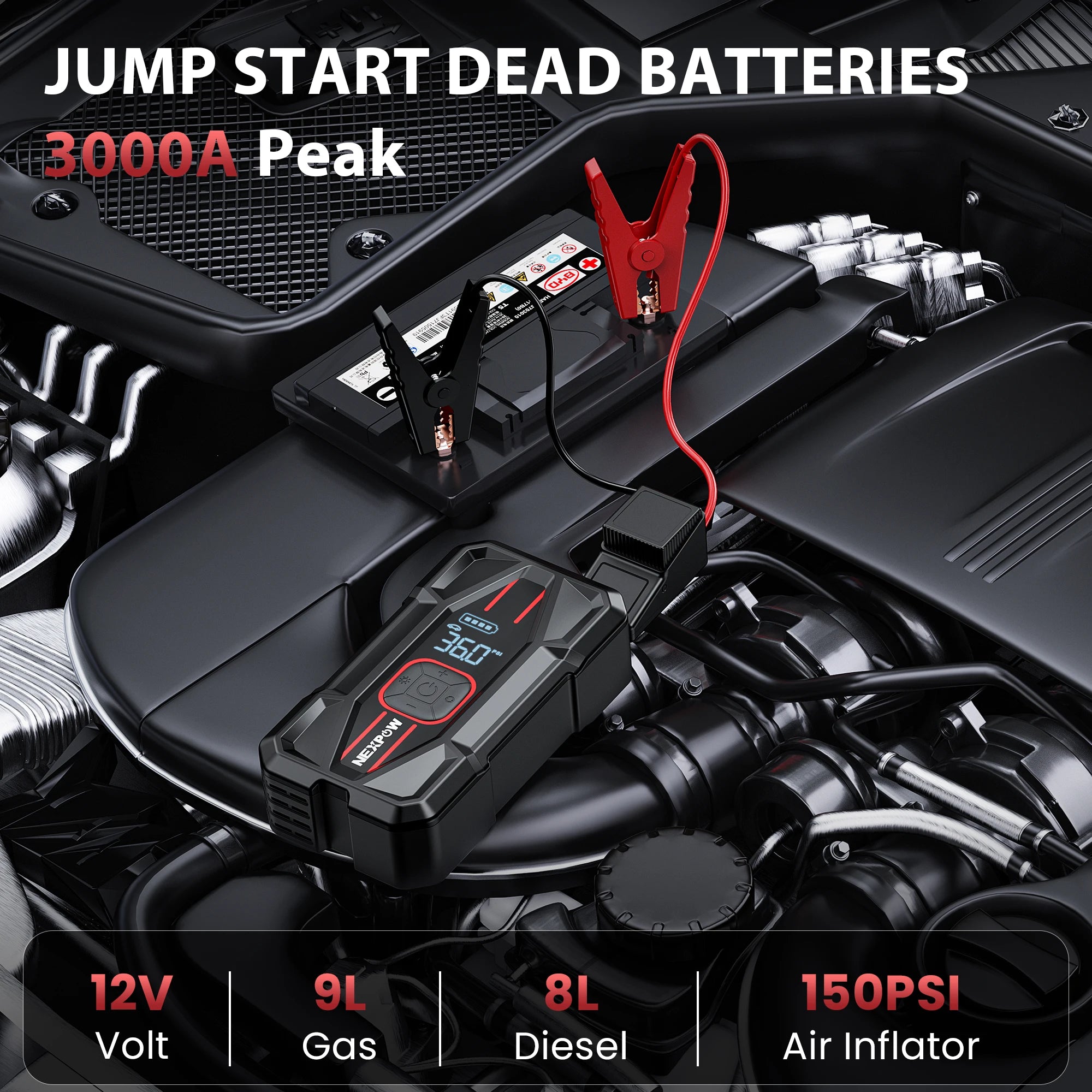 NEXPOW Car Jump Starter 3000A with Air Compressor - 12V 59.2Wh Portable Battery Booster & 150PSI Air Pump