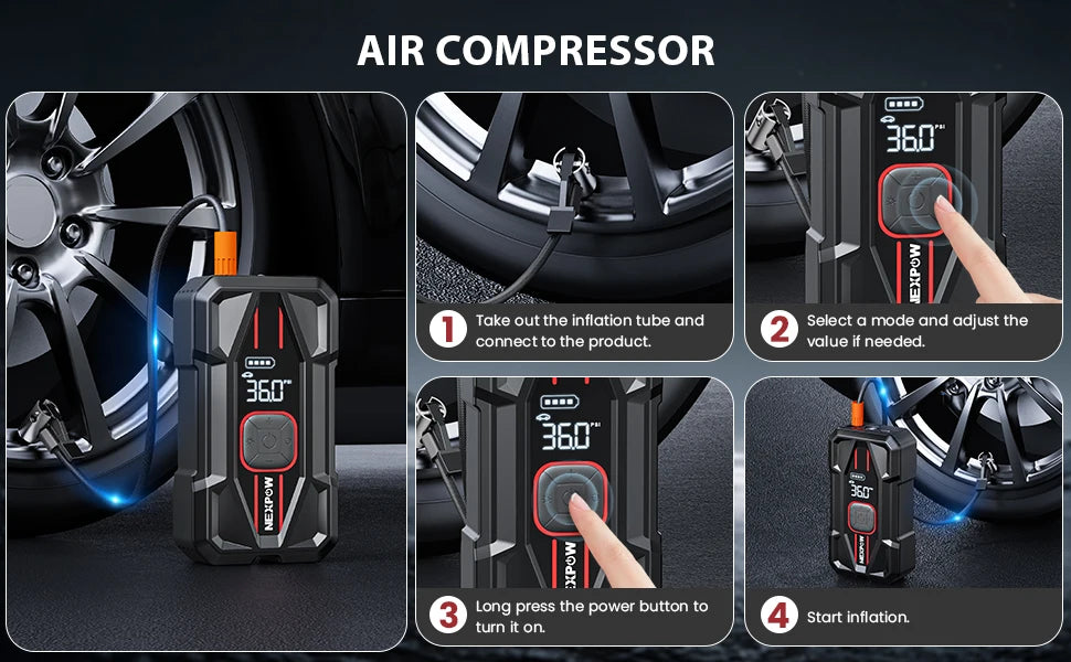 NEXPOW Car Jump Starter 3000A with Air Compressor - 12V 59.2Wh Portable Battery Booster & 150PSI Air Pump