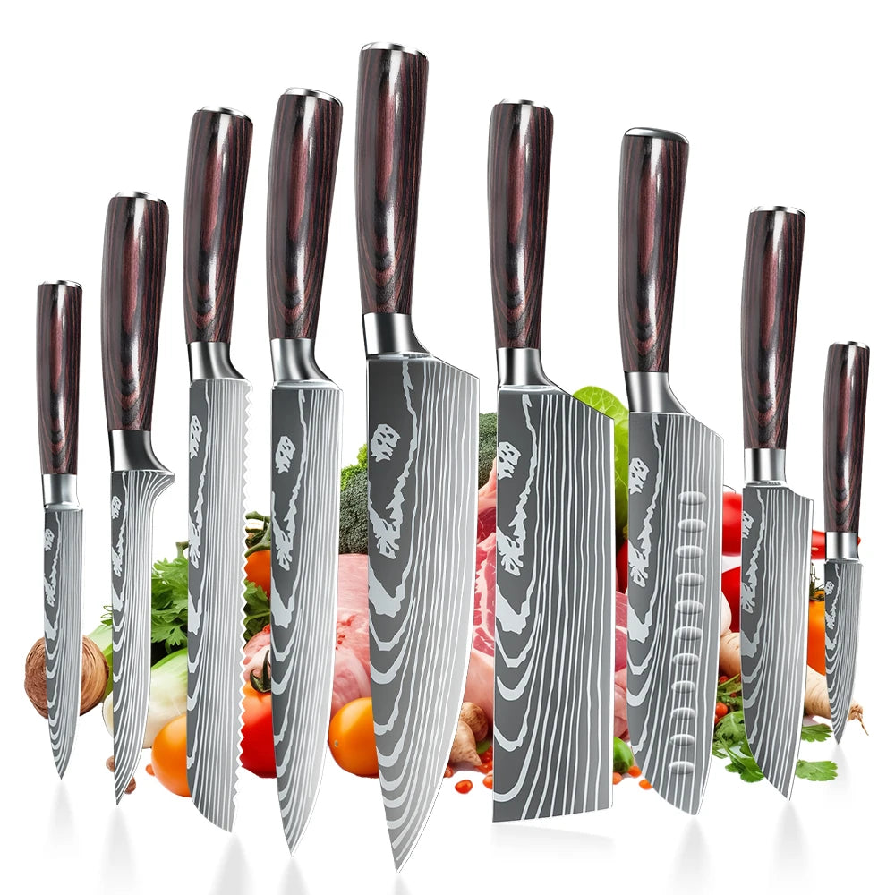 Stainless Steel Kitchen Knife Set - 9 Types Including Japanese Chef Knife, Meat Cleaver, Santoku, Bread, Boning, Slicing, and Fruit Knife with Gift Box