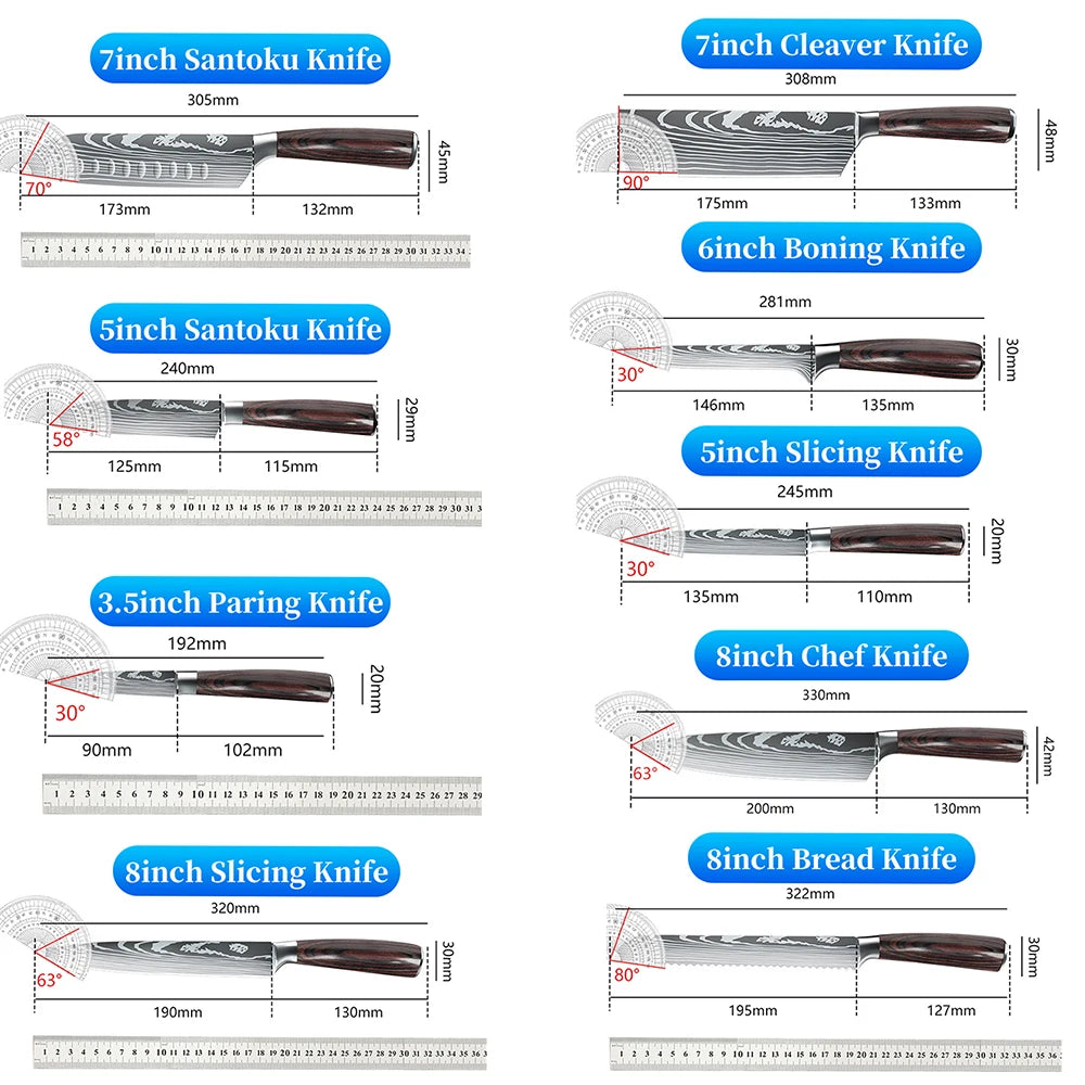 Stainless Steel Kitchen Knife Set - 9 Types Including Japanese Chef Knife, Meat Cleaver, Santoku, Bread, Boning, Slicing, and Fruit Knife with Gift Box