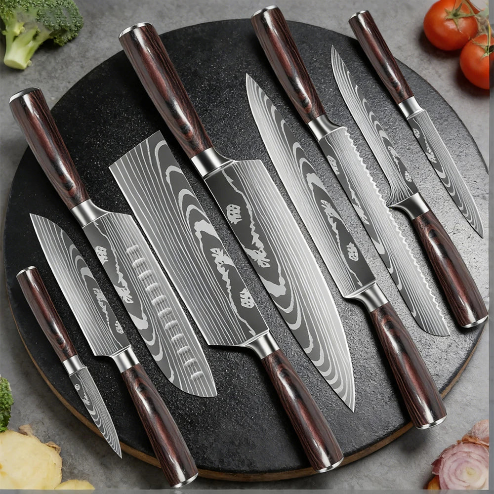 Stainless Steel Kitchen Knife Set - 9 Types Including Japanese Chef Knife, Meat Cleaver, Santoku, Bread, Boning, Slicing, and Fruit Knife with Gift Box