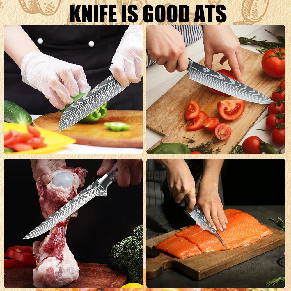 Stainless Steel Kitchen Knife Set - 9 Types Including Japanese Chef Knife, Meat Cleaver, Santoku, Bread, Boning, Slicing, and Fruit Knife with Gift Box