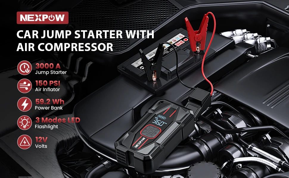 NEXPOW Car Jump Starter 3000A with Air Compressor - 12V 59.2Wh Portable Battery Booster & 150PSI Air Pump